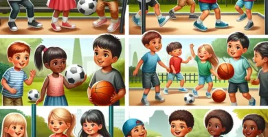 Niños de 6 a 10 años jugando diferentes juegos con pelota en un parque.