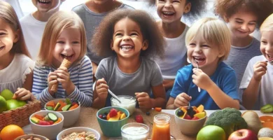 Imagen de un grupo de niños disfrutando de diversas meriendas saludables como frutas