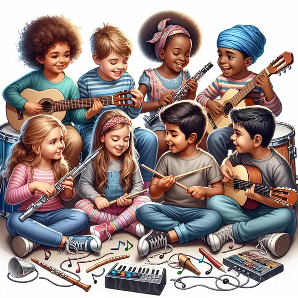 Niños disfrutando y aprendiendo música juntos mediante instrumentos.