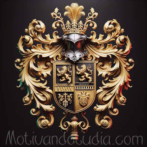 Escudo de armas con un diseño único, representando la herencia de apellidos italianos poco comunes.