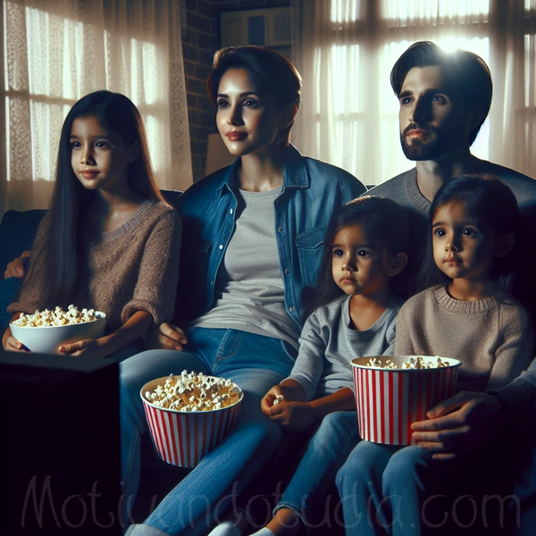 Una familia viendo películas sobre autismo en casa.