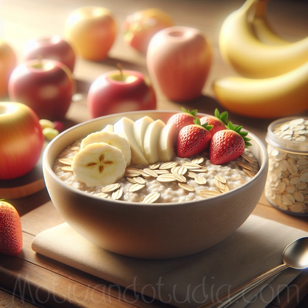 Imagen mostrando un bol de avena acompañada de frutas frescas, ilustrando el artículo Cómo preparar avena para bebé y recetas familiares.