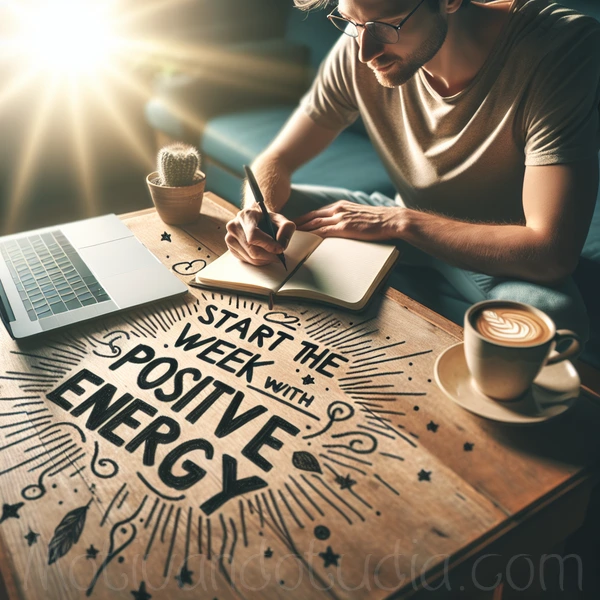 Persona escribiendo en un cuaderno con una taza de café al lado, junto a mensajes motivadores como Empieza la semana con energía positiva.