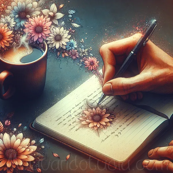 Una mano escribiendo en un cuaderno frases motivadoras junto a una taza de café y flores.