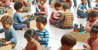 Niños interactuando con cajas Montessori para desarrollar habilidades cognitivas y motoras.