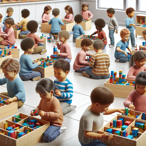 Niños interactuando con cajas Montessori para desarrollar habilidades cognitivas y motoras.