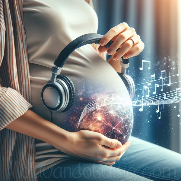 Imagen representando a una mujer embarazada escuchando música con auriculares sobre su vientre.