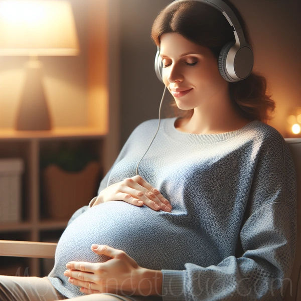 Mujer embarazada escuchando música relajante con auriculares.