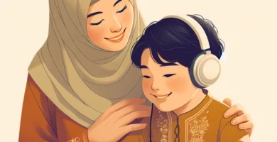 Imagen ilustrativa de una madre y su hijo sonriendo mientras escuchan música juntos.