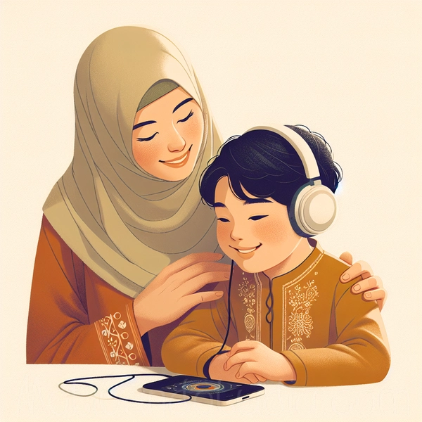 Imagen ilustrativa de una madre y su hijo sonriendo mientras escuchan música juntos.