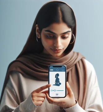 Imagen de una mujer mirando su teléfono con una aplicación de embarazo en pantalla.