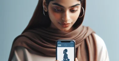 Imagen de una mujer mirando su teléfono con una aplicación de embarazo en pantalla.