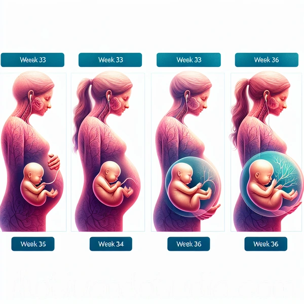 Gráfica ilustrando el progreso del embarazo desde la semana 33 hasta la semana 36.