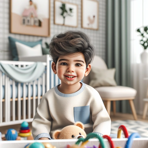 Niño pequeño en una guardería decorada con las últimas tendencias para cuartos de bebés varones.