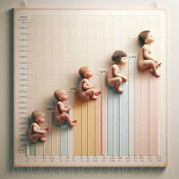 Una gráfica de crecimiento infantil con líneas de percentiles que muestran el progreso de diferentes bebés.