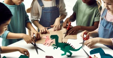 Niños realizando manualidades de dinosaurios con papel y tijeras.