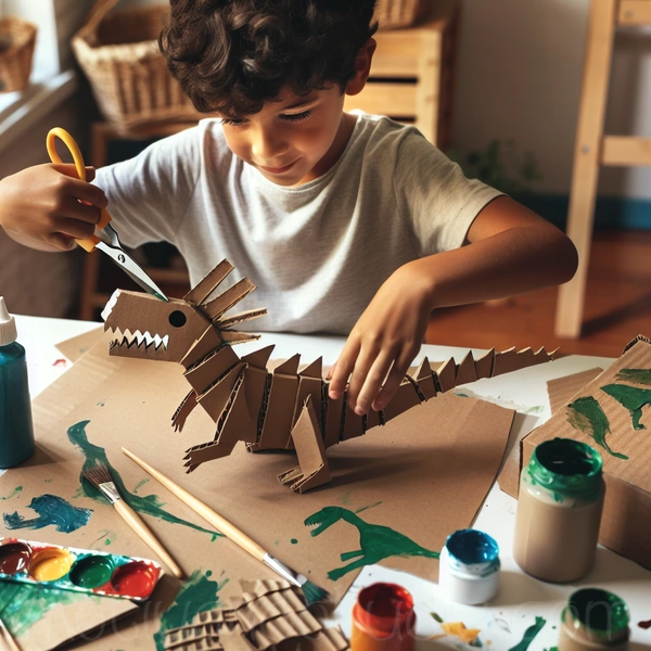 Niño haciendo manualidad de dinosaurio con cartón y pintura.