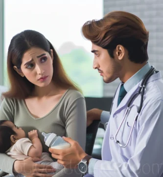 Madre lactante consultando con un médico sobre la dosis adecuada de domperidona.