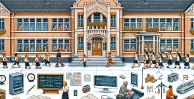 Ilustración comparativa de escuelas tradicionales y modernas