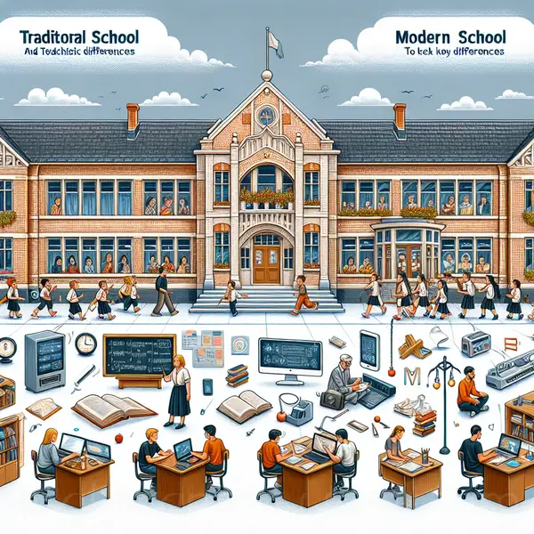 Ilustración comparativa de escuelas tradicionales y modernas