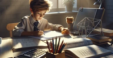 Niño de 11 años realizando actividades escolares.