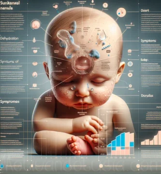 Infografía sobre la fontanela hundida y su relación con la deshidratación en bebés.