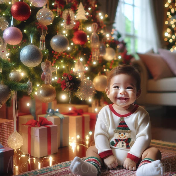 Bebé sonriendo cerca del árbol de Navidad con luces y adornos.