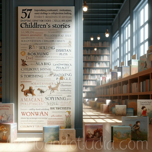 Imagen que destaca las 57 citas inspiradoras de cuentos infantiles, acompañada de ilustraciones relacionadas con la literatura infantil.