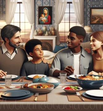 Familia unida compartiendo una comida alrededor de la mesa