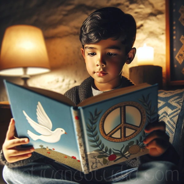 Niño leyendo un cuento sobre la paz y la no violencia.