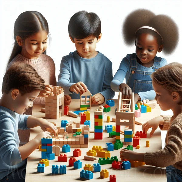 Niños jugando con Legos en una mesa mientras crean diversas estructuras educativas.