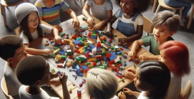 Niños jugando con Legos de colores en una mesa.