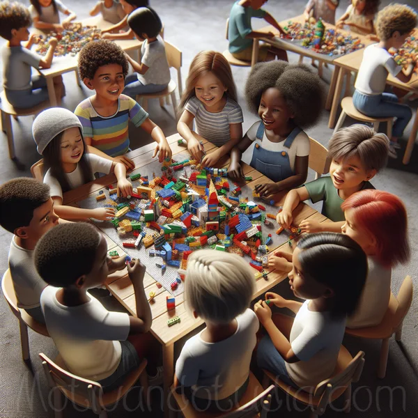 Niños jugando con Legos de colores en una mesa.