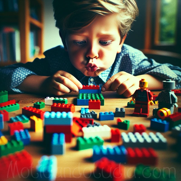 Niño construyendo con bloques de Lego en una mesa.