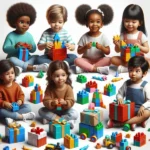 Niños jugando con bloques de construcción de diferentes formas y colores