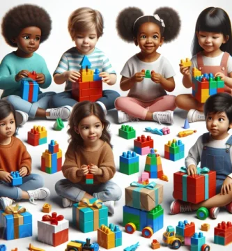 Niños jugando con bloques de construcción de diferentes formas y colores