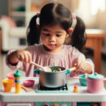 Niña jugando con una cocinita de juguete