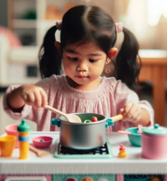 Niña jugando con una cocinita de juguete