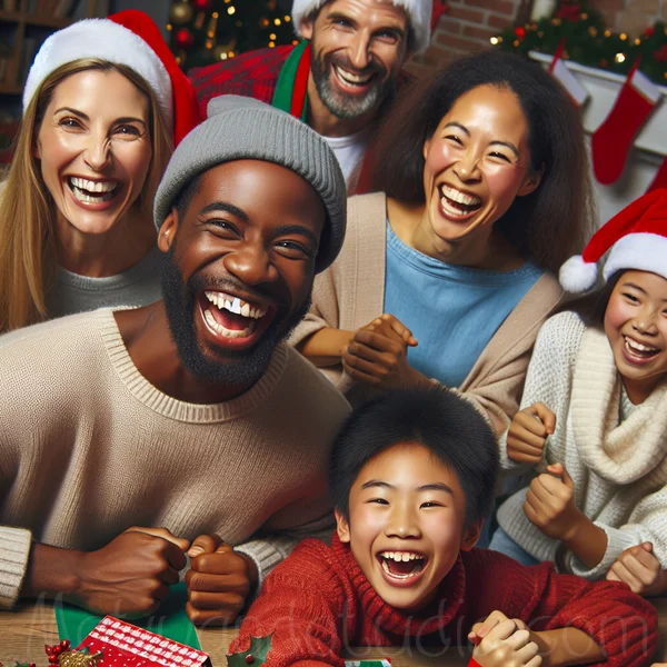 Familia y amigos disfrutando de diversos juegos navideños juntos.