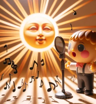 Ilustración de juguete cantante presentando la canción infantil 'Sol Solecito'.