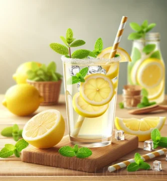 Imagen de un vaso de limonada natural recién hecha con rodajas de limón y hojas de menta