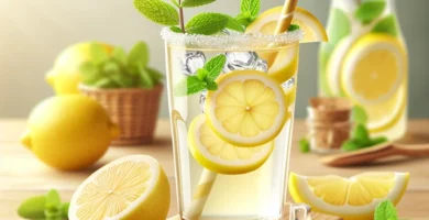 Imagen de un vaso de limonada natural recién hecha con rodajas de limón y hojas de menta