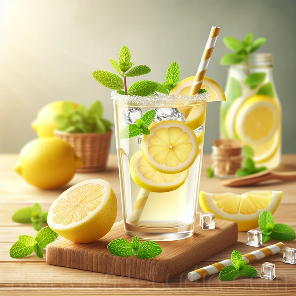 Imagen de un vaso de limonada natural recién hecha con rodajas de limón y hojas de menta