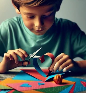 Texto alternativo: Niño haciendo una manualidad de corazón con papel de colores.