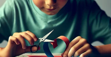 Texto alternativo: Niño haciendo una manualidad de corazón con papel de colores.