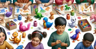 Niños realizando manualidades de animales con materiales coloridos.