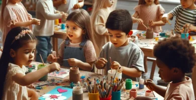 Imagen de niños en preescolar haciendo manualidades para el Día de las Madres.