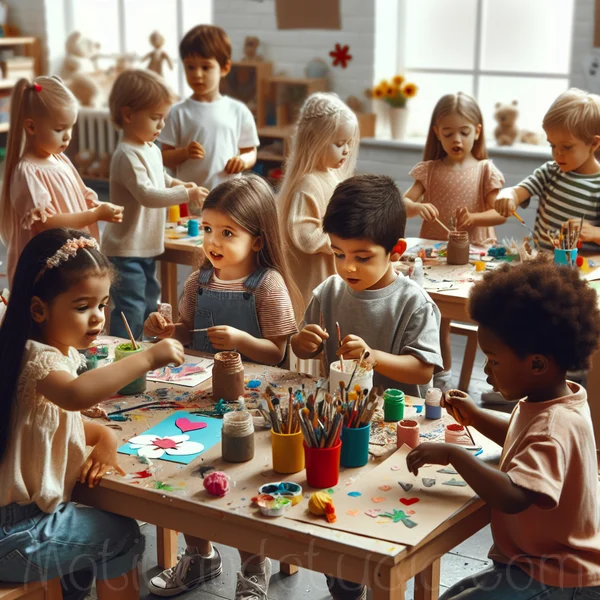 Imagen de niños en preescolar haciendo manualidades para el Día de las Madres.