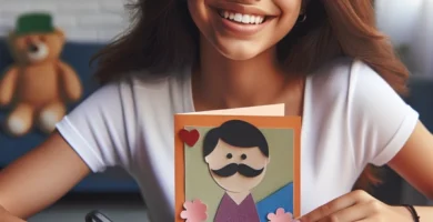 Niña sonriente haciendo una tarjeta de felicitación para el Día del Padre con recortes de papel y marcadores de colores.