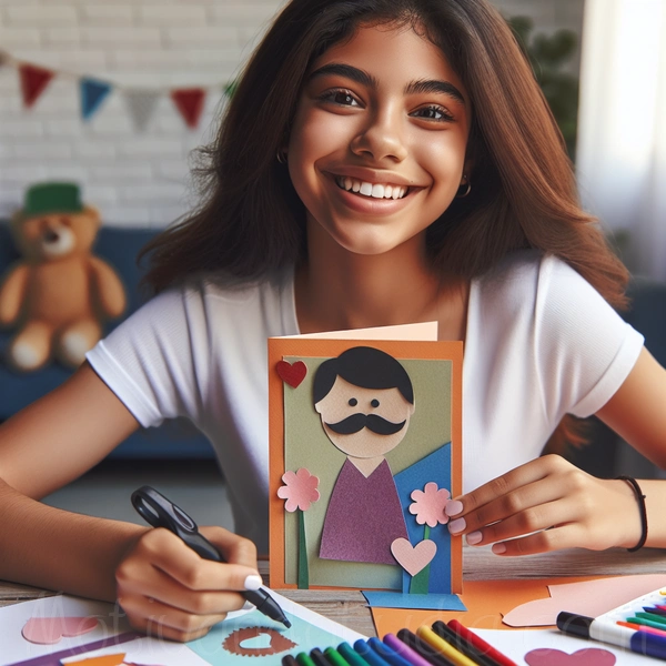 Niña sonriente haciendo una tarjeta de felicitación para el Día del Padre con recortes de papel y marcadores de colores.